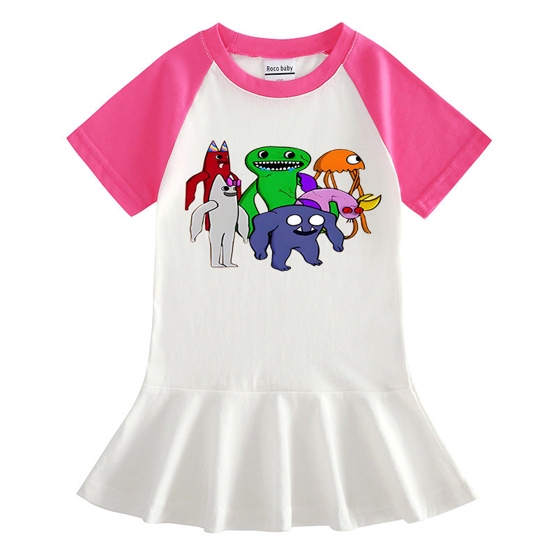 Cartoon half sleeved girl dress with contrasting colors