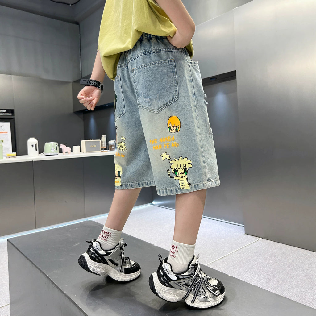 Casual Cool Cartoon Denim Shorts for Boys Lightweight Mid-Length Pants Trendy Kids