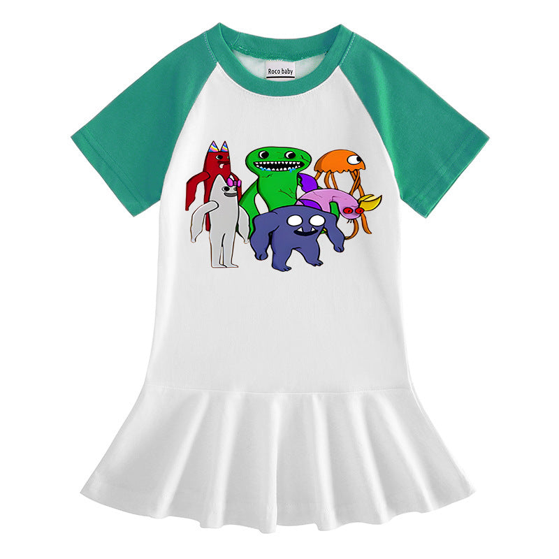Cartoon half sleeved girl dress with contrasting colors