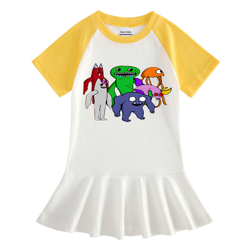 Cartoon half sleeved girl dress with contrasting colors