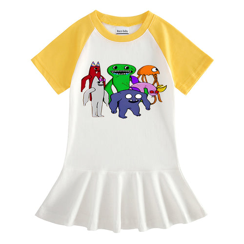 Cartoon half sleeved girl dress with contrasting colors