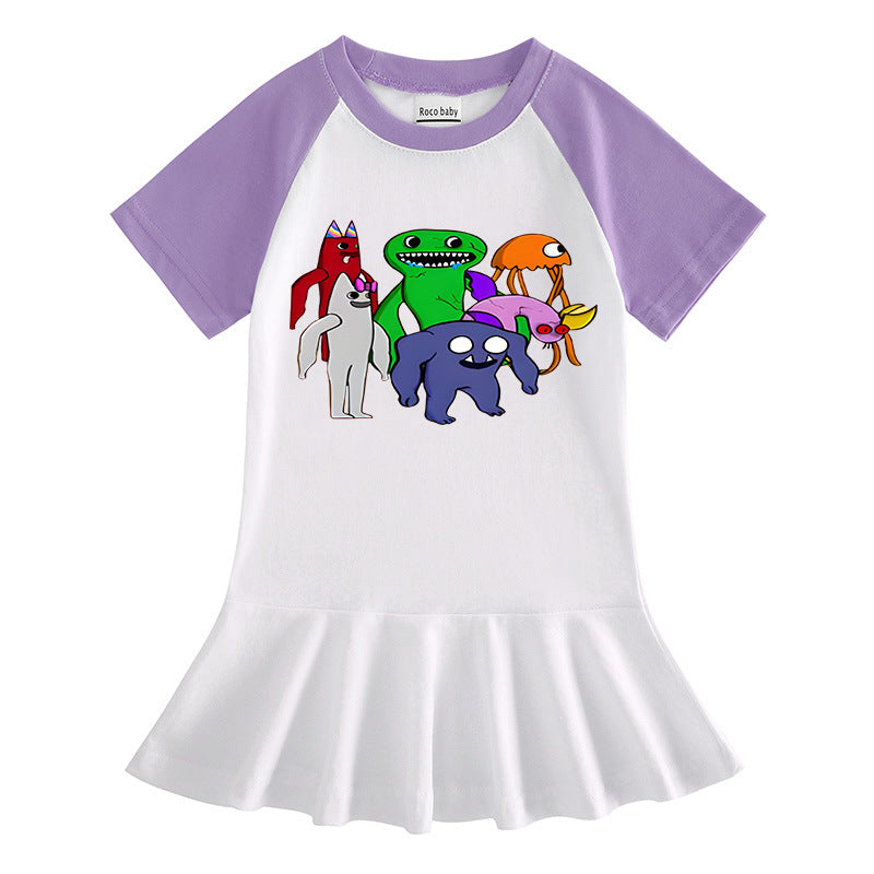 Cartoon half sleeved girl dress with contrasting colors