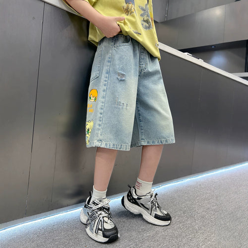 Casual Cool Cartoon Denim Shorts for Boys Lightweight Mid-Length Pants Trendy Kids