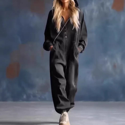 Causal Printed Denim Long Sleeve Jumpsuit with Large Pockets for Women