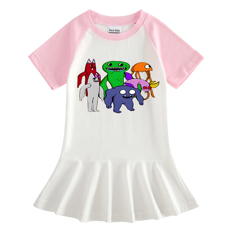 Cartoon half sleeved girl dress with contrasting colors