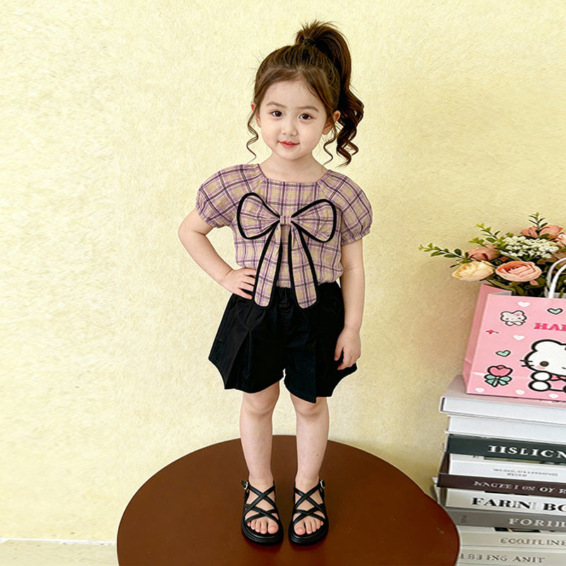 Cute plaid short sleeved shorts two-piece set
