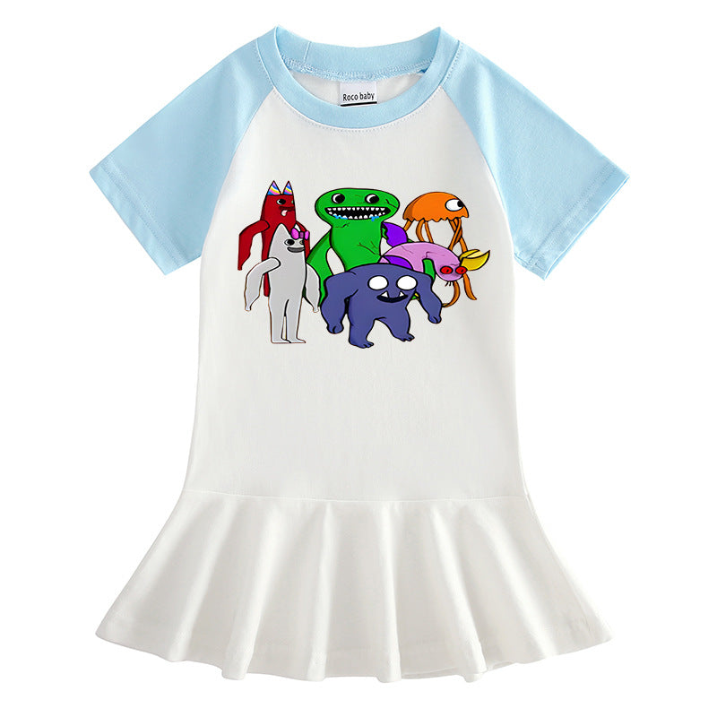 Cartoon half sleeved girl dress with contrasting colors